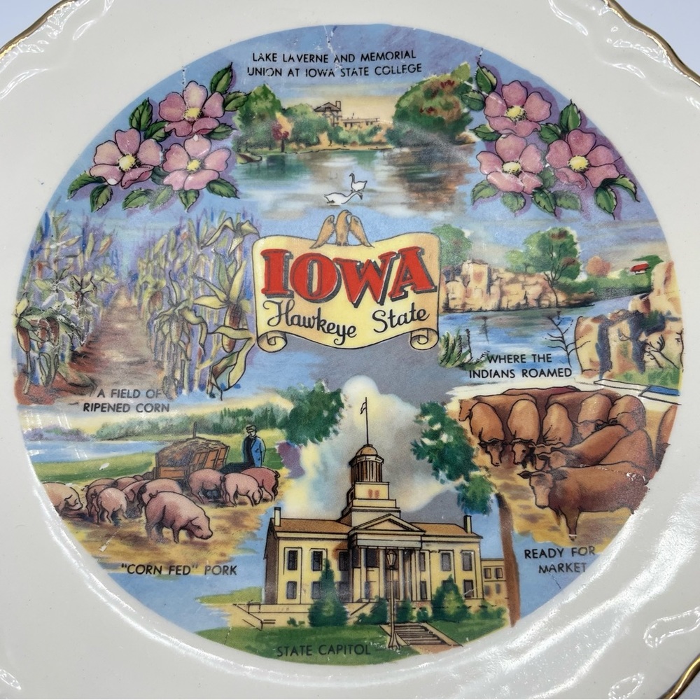 Vintage Iowa Hawkeye State Souvenir Collectible Plate Ceramic Porcelain